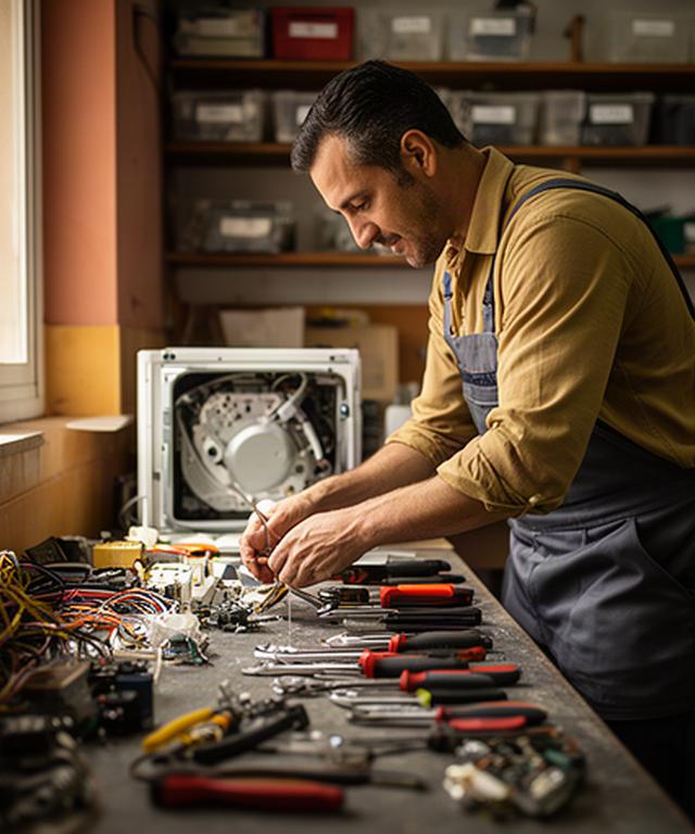 Técnico organizando herramientas y piezas de electrodomésticos en un taller de Andalucía